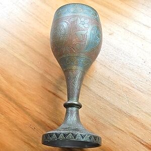 Antique Indian bronze goblet/chaliss with etched designs